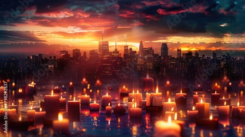 A powerful image of a candlelight vigil for International Overdose Awareness Day  with a backdrop of a city skyline.