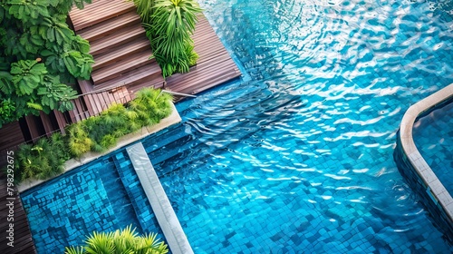 A swimming pool with a stairway and a wooden deck, offering a serene spot for relaxation at a hotel