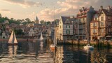 A quaint coastal town at dusk, with pastel-hued buildings lining the waterfront and sailboats gliding gracefully across the tranquil harbor.
