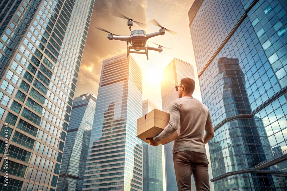 Technologies of the future. A delivery drone carries a cardboard box for a person on a rope. A delivery drone flies between modern skyscrapers. The concept of developing the delivery of goods. Technologies of the future. A delivery drone carries a cardboard box for a person on a rope. A delivery drone flies between modern skyscrapers. The concept of developing the delivery of goods.