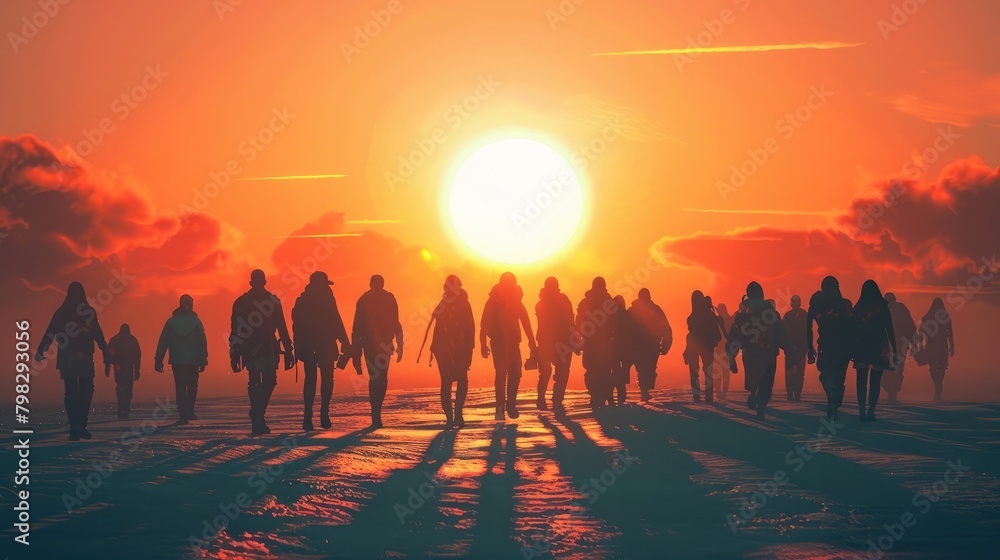 A powerful image of a group of people walking together in solidarity on International Overdose Awareness Day, with a backdrop of a sunrise.