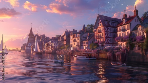 A quaint coastal town at dusk, with pastel-hued buildings lining the waterfront and sailboats gliding gracefully across the tranquil harbor. photo