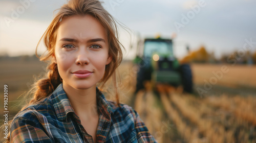 WOMAN FARMER WITH TRACTOR IN THE BACKGROUND photo