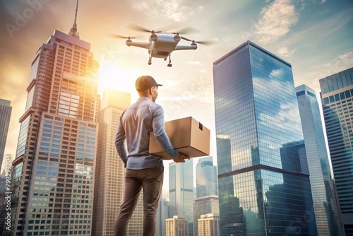 Technologies of the future. A delivery drone carries a cardboard box for a person on a rope. A delivery drone flies between modern skyscrapers. The concept of developing the delivery of goods.