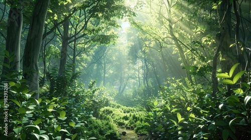 A serene and calming forest scene  featuring lush greenery and natural light  representing the power of creativity to connect with nature and promote well-being on National Creativity Day.