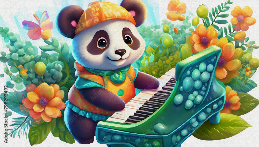 Fototapeta premium oil painting style cartoon character cute baby panda playing piano isolated on white background, top view. side,