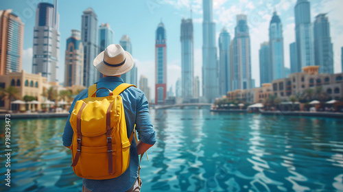 A happy traveler man with a hat and a yellow backpack enjoys a stunning panoramic view of the Dubai Creek Canal and the famous tallest skyscraper tallest building photo