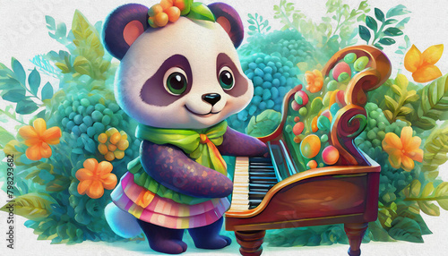 oil painting style cartoon character cute baby panda playing piano isolated on white background  top view. side 