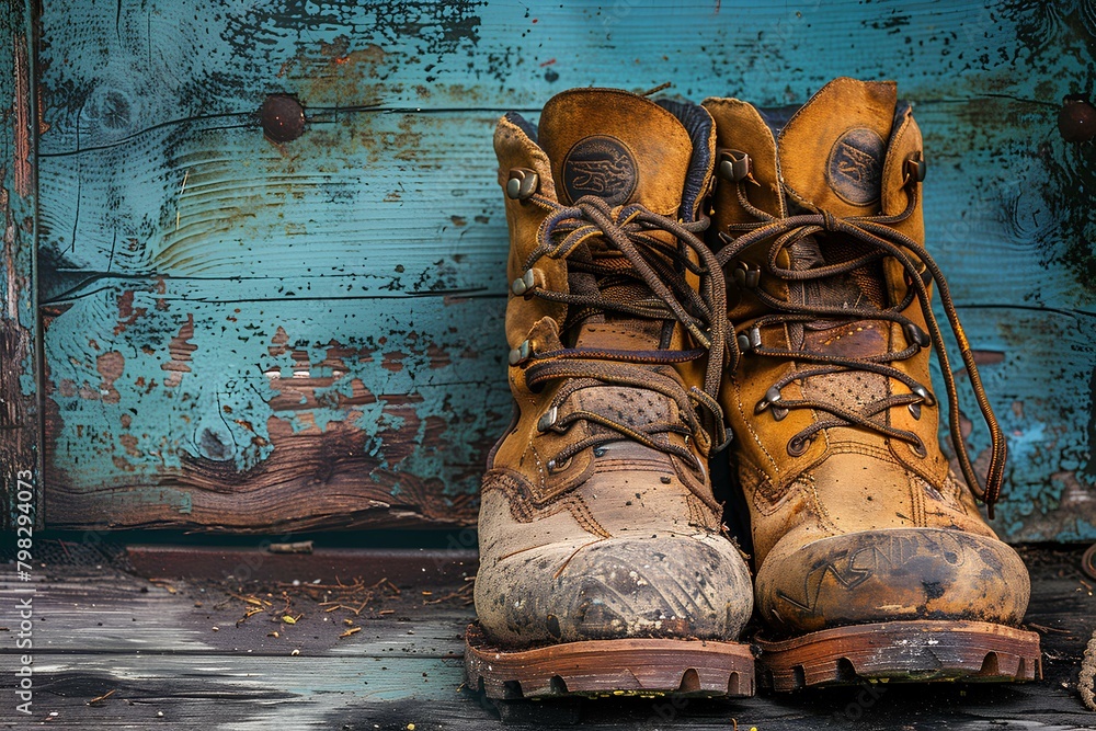 A pair of dirty boots sitting on a wooden floor next to a blue door with peeling paint on it a A pair of dirty boots sitting on a wooden floor next to a blue door with peeling paint on it a