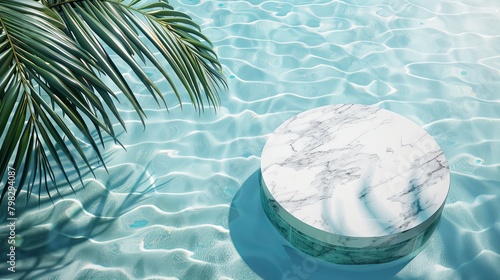 An aerial view of a marble podium stand in swimming pool water  shaded by a palm  creating a summer tropical backdrop ideal for showcasing luxury products