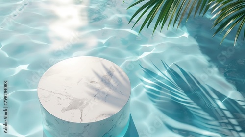 An aerial view of a marble podium stand in swimming pool water  shaded by a palm  creating a summer tropical backdrop ideal for showcasing luxury products