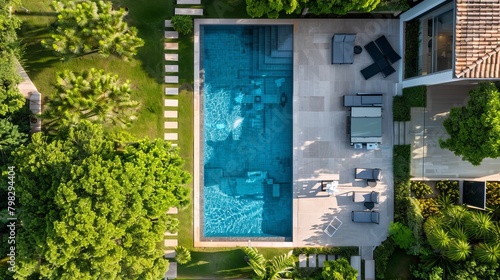 An aerial view of a swimming pool in a garden and terrace setting, showcasing a relaxing home environment