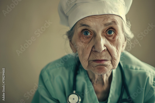 Elderly female nurse with years of care and experience etched into her compassionate expression. photo