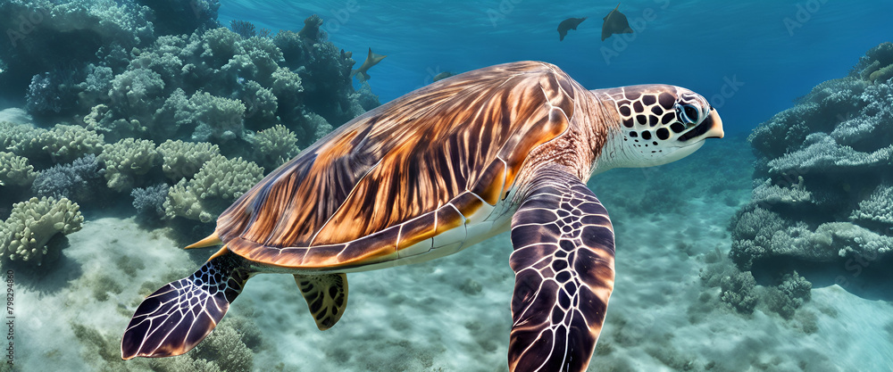 Obraz premium Ocean Wanderer: Sea Turtle Swimming Among Coral Reefs Generative AI