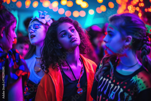 Teens at a Halloween party feeling the vibe with neon lights and costumes creating a cool atmosphere.