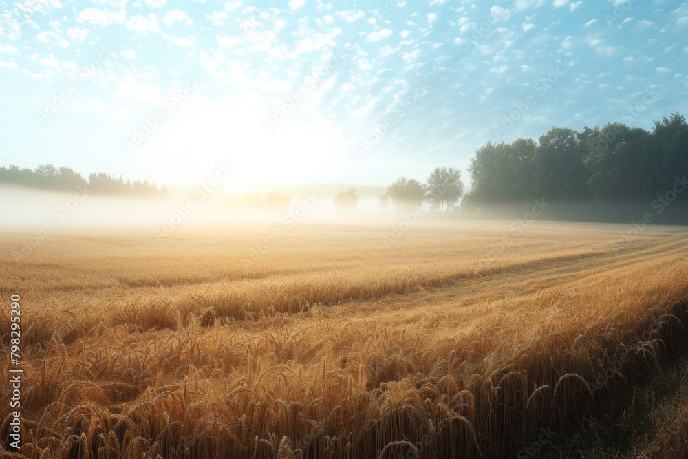 Early morning mist hovering over a serene wheat field with rays of sunrise breaking through.