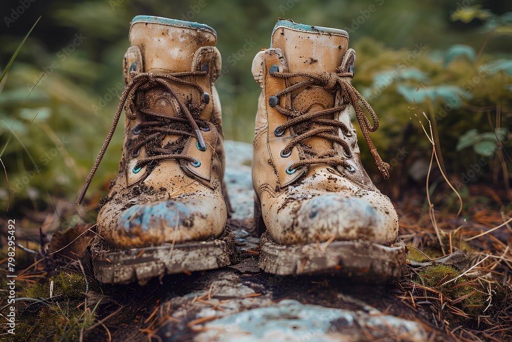 A pair of dirty boots sitting on top of a log in the woods with moss growing around them and a trail A pair of dirty boots sitting on top of a log in the woods with moss growing around them and a trail