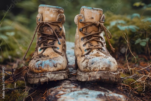 A pair of dirty boots sitting on top of a log in the woods with moss growing around them and a trail