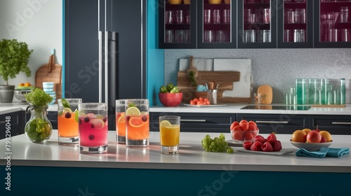 healthful drinks inspired by the colors of the rainbow, a variety of vibrant beverages are elegantly arranged in a modern kitchen. Generative AI	