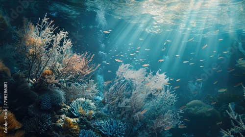 A serene underwater scene, featuring a school of fish swimming among sea fans and other coral structures, representing the delicate balance of marine ecosystems on World Reef Awareness Day. © Ammar