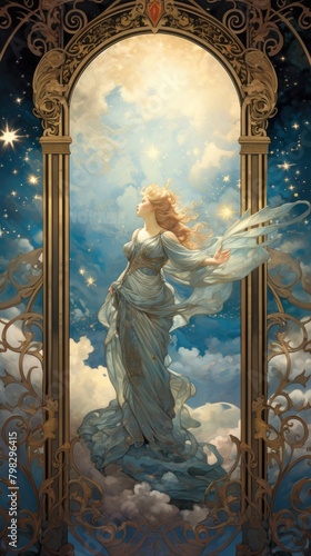 An art nouveau drawing of astronomy stars painting angel fairy. photo