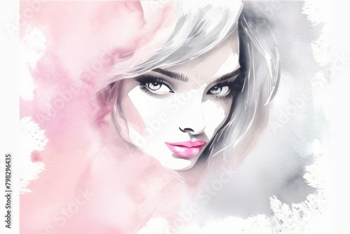 Elegant fashion woman with red lips makeup watercolor illustration in purple and pink colors. Young and beautiful girl liquid acrylic painting. Banner with copy space