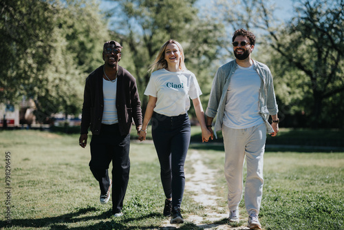 A sunny day captures the joy of three friends, walking together in an urban park, laughing and holding hands, each holding drinks.