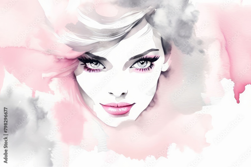 Elegant fashion woman with red lips makeup watercolor illustration in purple and pink colors. Young and beautiful girl liquid acrylic painting. Banner with copy space Elegant fashion woman with red lips makeup watercolor illustration in purple and pink colors. Young and beautiful girl liquid acrylic painting. Banner with copy space