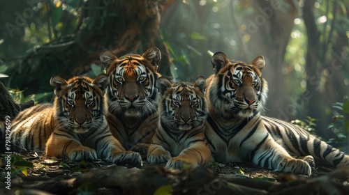 A serene view of a tiger family resting together in the shade, symbolizing the bond and unity within a tiger pride on International Tiger Day.