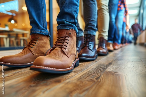 Row of Mens Shoes on Wooden Floor
