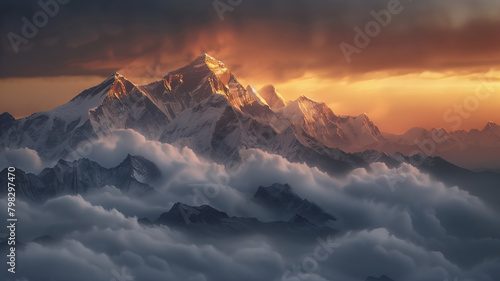 View of the Himalayas during a foggy sunset night. photo