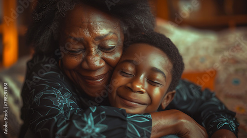 African son hugging his mum indoors at home - Main focus on senior mother face
