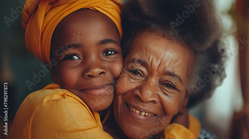 African son hugging his mum indoors at home - Main focus on senior mother face - Mom day and family love concept