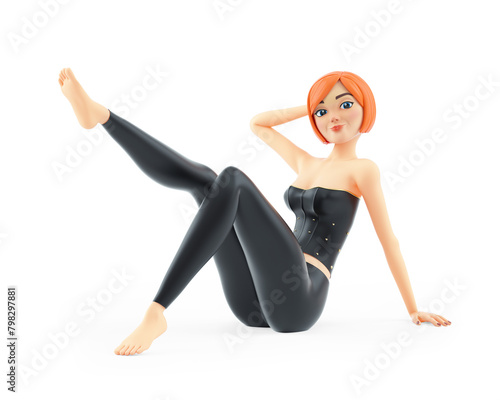 3d sexy girl sitting on the floor and raising one leg up