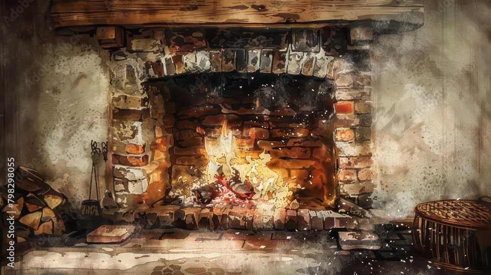 A cozy fireplace crackles, the flames weaving tales of warmth and family gatherings, bright water color