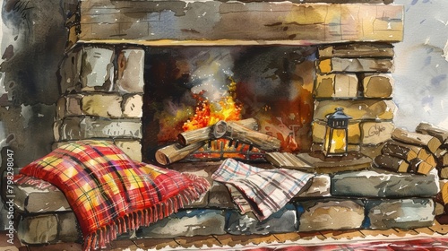 A cozy fireplace crackles, the flames weaving tales of warmth and family gatherings, bright water color