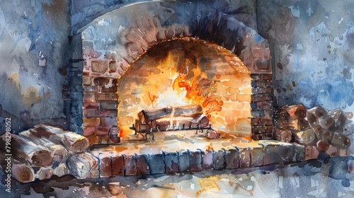 A cozy fireplace crackles, the flames weaving tales of warmth and family gatherings, bright water color