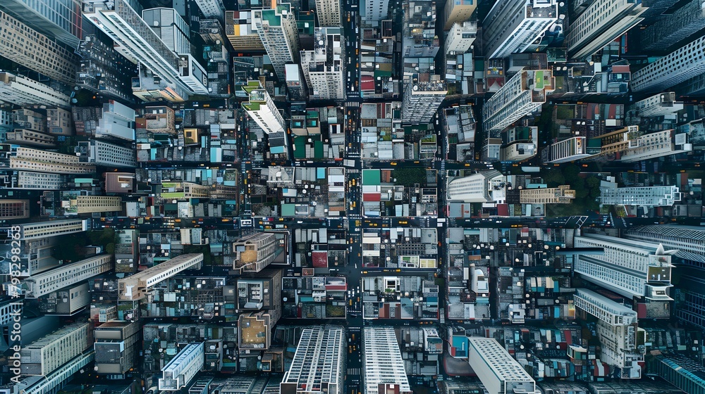 the backdrop of a city skyline, the HD camera reveals the mesmerizing patterns of streets and buildings from above in captivating aerial photography, with bustling urban life