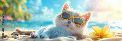 Animated cartoon character with cat at the sea beach with sunglasses