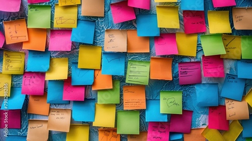 A bulletin board filled with sticky notes representing different project tasks and ideas.