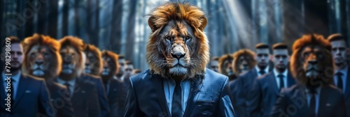 A lionheaded CEO leads a fierce team in the corporate jungle, setting the pace with visionary courage and strategic prowess, business concept