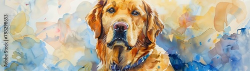 A loyal golden retriever sits patiently, its eyes filled with adoration and light brushwork, bright water color