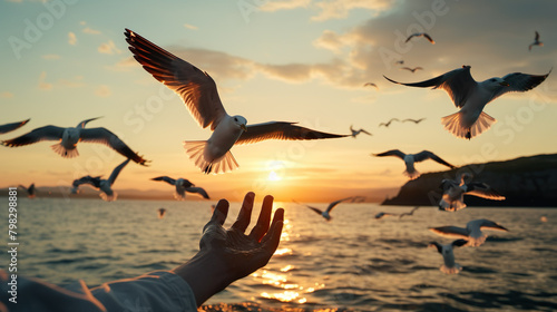 Hands raised ready to feed seagulls as several birds flew and pecked food from hands against the backdrop of a calm watery sunset. photo