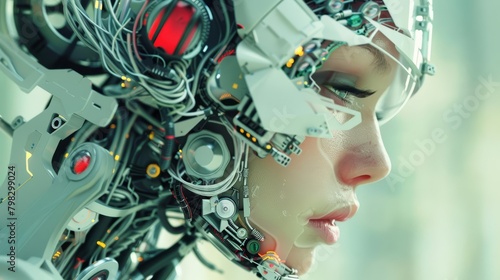 A powerful woman, part robot, part human, delving into the realms of artificial intelligence