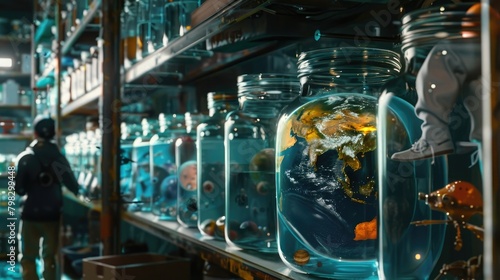 Earth is trapped inside a glass jar filled with water being held on a shelf among side many other planet systems in jars, the creators of these planets 