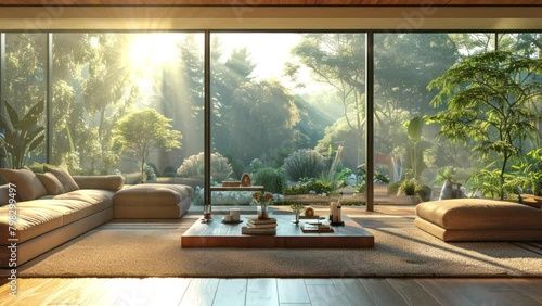 Peaceful space with views of the verdant garden outdoors, 3d motion graphics photo