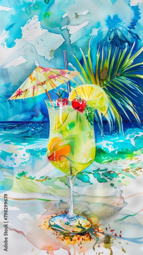An exotic cocktail adorned with a tiny umbrella invites dreams of sandy beaches and waves, bright water color
