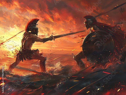 Capture a dramatic showdown between two fierce warriors at eye level