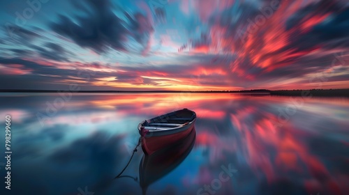 The camera pans across a tranquil lake, capturing the dreamlike reflection of a colorful sunset and the blurred movement of boats gently bobbing on the water in long exposure landscape photo