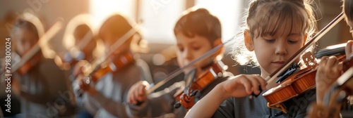 Children in a music class hold violins, the room filling with the tentative strings of their first concert, draw concept photo
